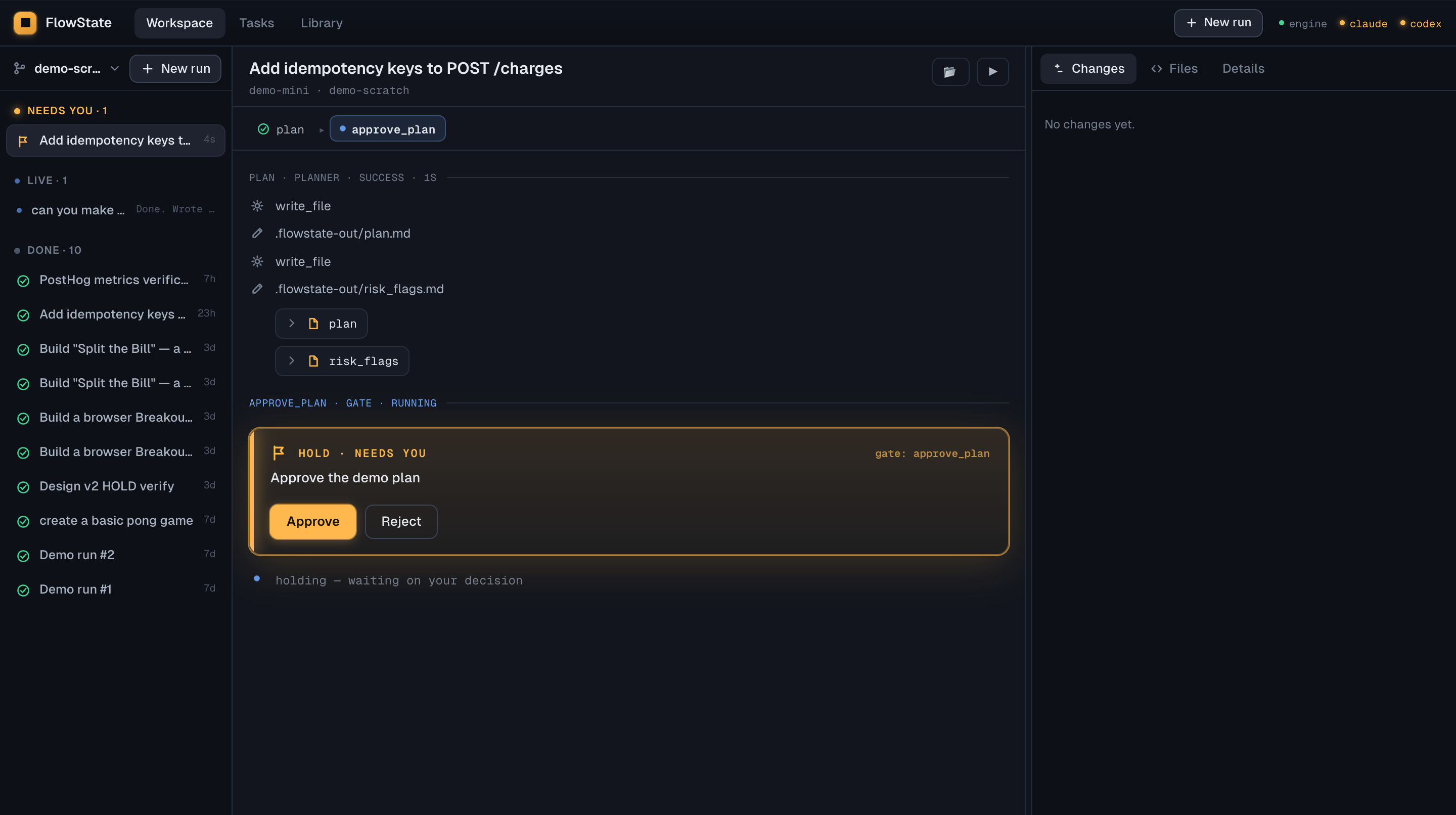 FlowState workspace — a run holding at an approval gate, waiting for a human decision